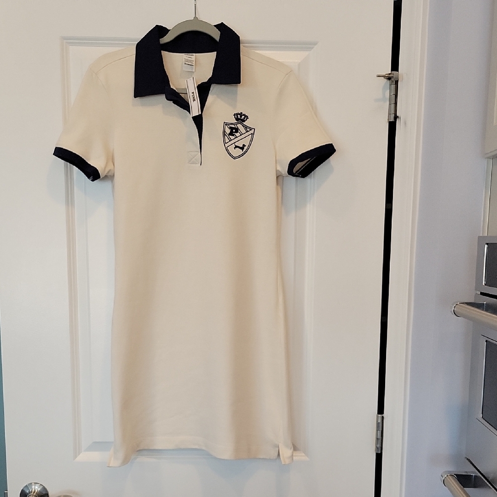 PINK Victoria Secret Ladies Collegiate Preppy Shirt Dress Ivory/Navy Medium NWT